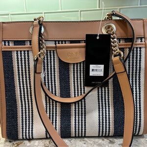 Jones New York Tan and Navy Striped Canvas Tote with Gold Chain Accents